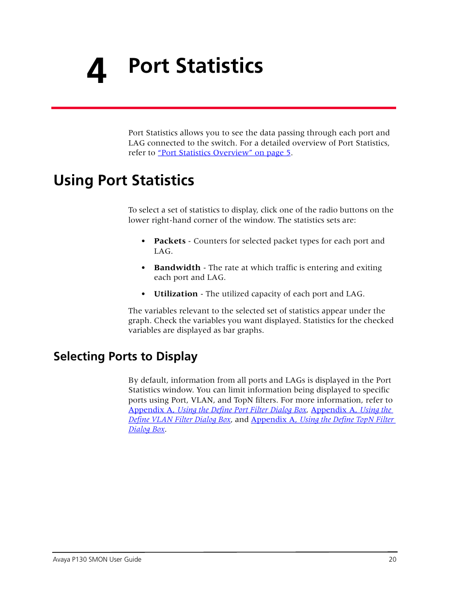 Port statistics, Using port statistics, Selecting ports to display | Chapter 4  port statistics | Avaya P130 SMON User Manual | Page 27 / 76