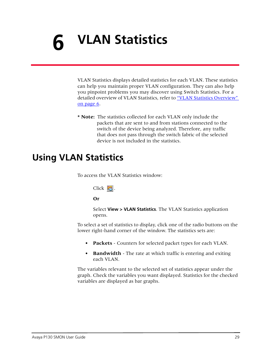 Vlan statistics, Using vlan statistics, Chapter 6  vlan statistics | Avaya P130 SMON User Manual | Page 36 / 76