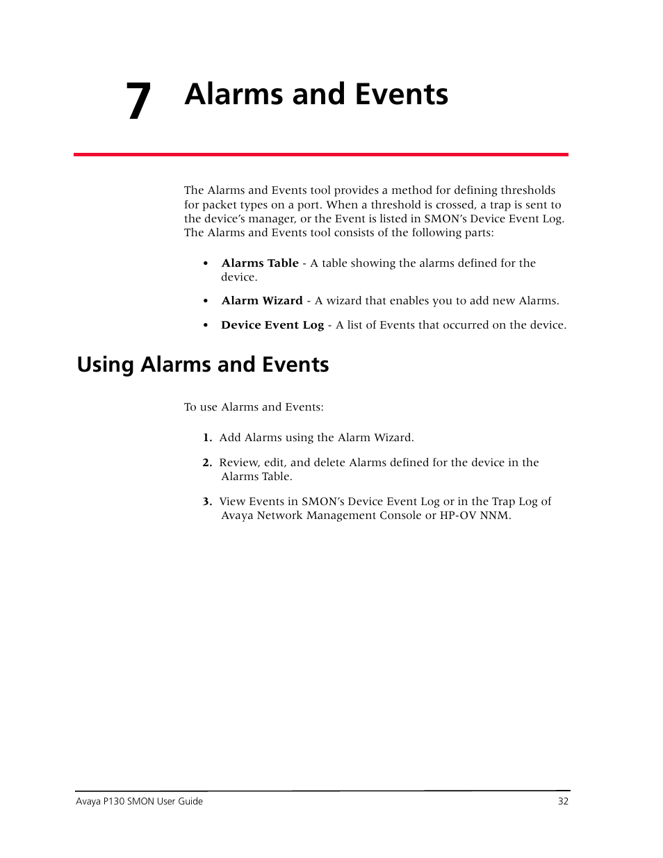 Alarms and events, Using alarms and events, Chapter 7  alarms and events | Avaya P130 SMON User Manual | Page 39 / 76