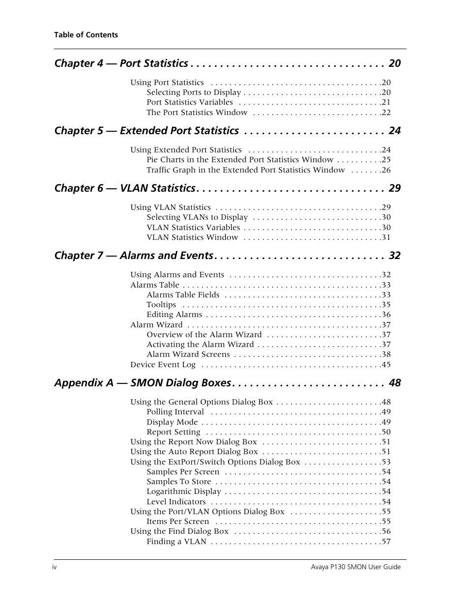 Chapter 4  port statistics, Chapter 5  extended port statistics, Chapter 6  vlan statistics | Chapter 7  alarms and events, Appendix a  smon dialog boxes | Avaya P130 SMON User Manual | Page 4 / 76