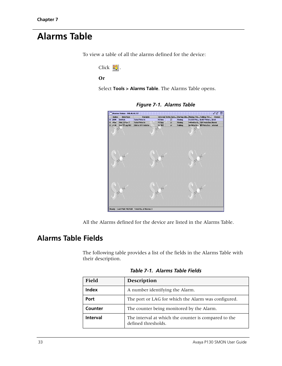 Alarms table, Alarms table fields | Avaya P130 SMON User Manual | Page 40 / 76