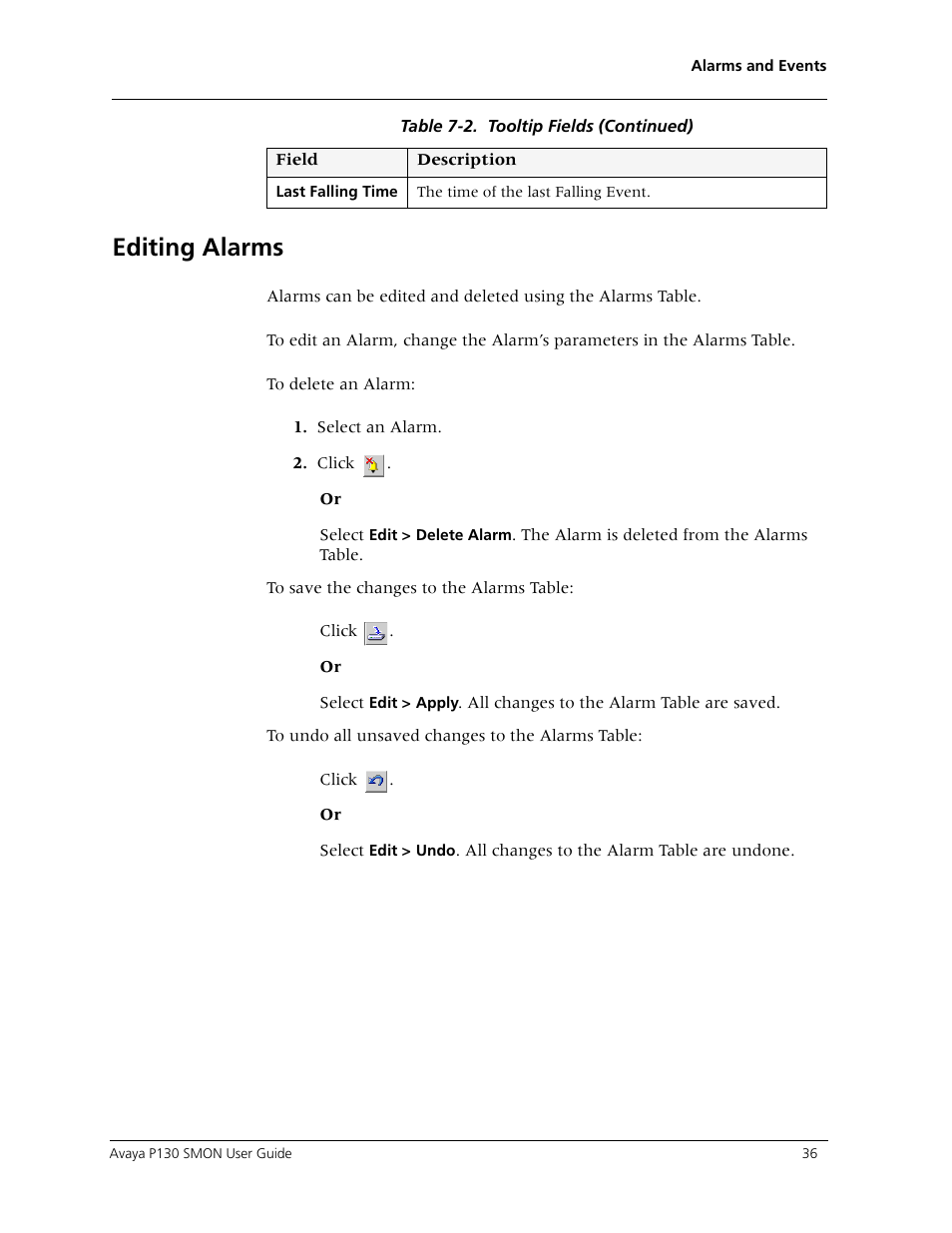 Editing alarms | Avaya P130 SMON User Manual | Page 43 / 76