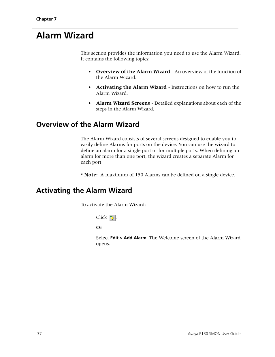 Alarm wizard, Overview of the alarm wizard, Activating the alarm wizard | Avaya P130 SMON User Manual | Page 44 / 76