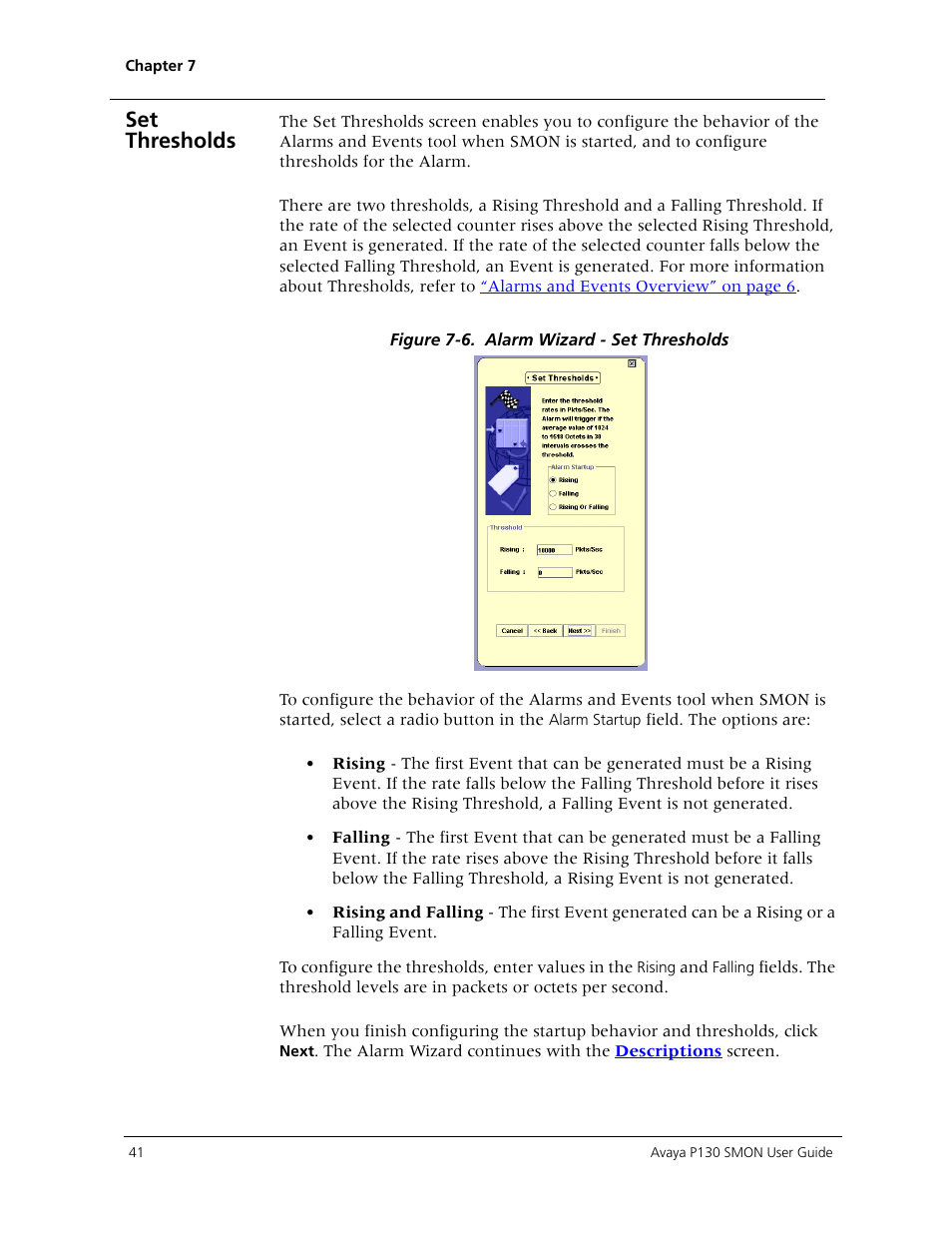 Ues with the, Thresholds, Screen | Set thresholds | Avaya P130 SMON User Manual | Page 48 / 76