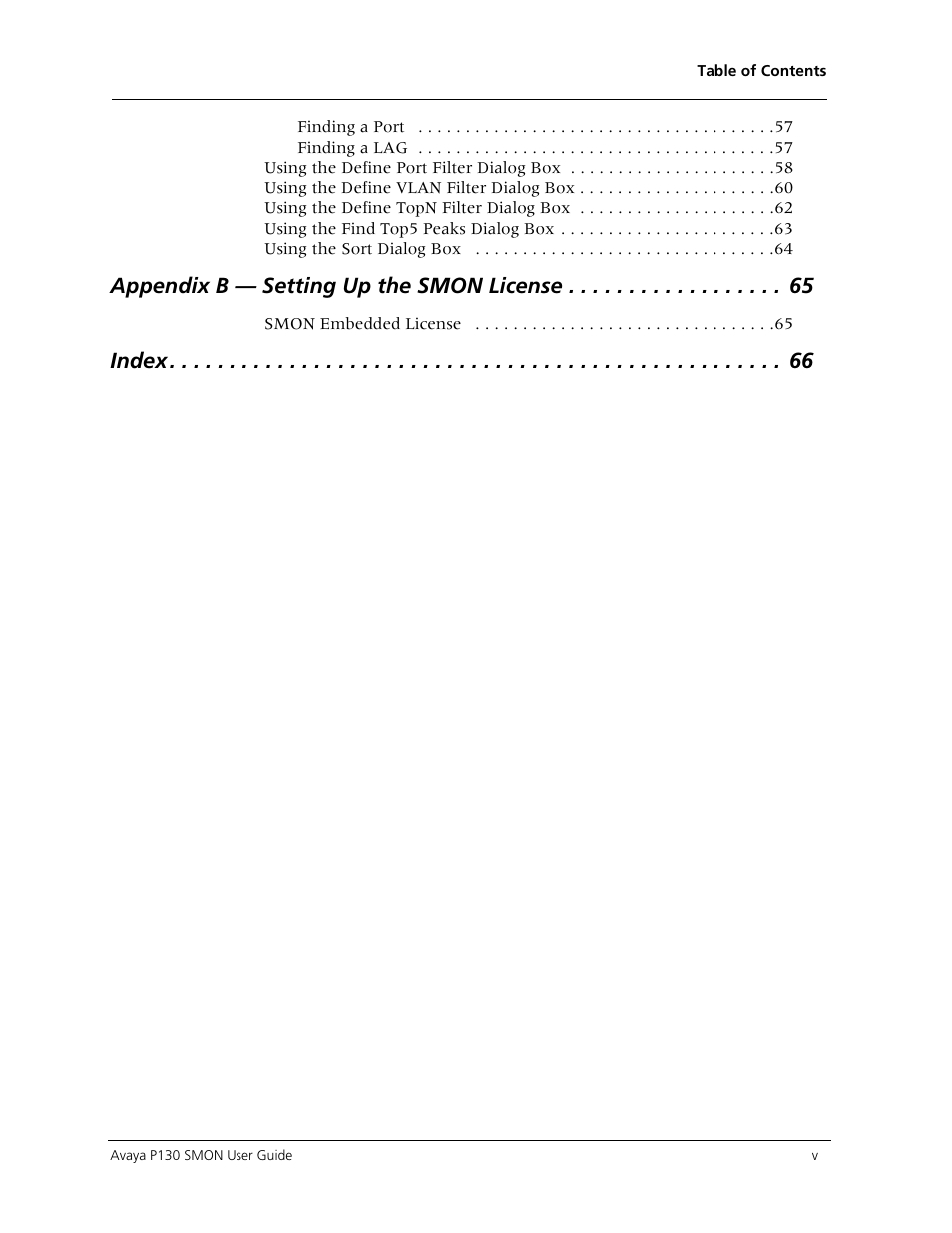 Appendix b  setting up the smon license, Index | Avaya P130 SMON User Manual | Page 5 / 76
