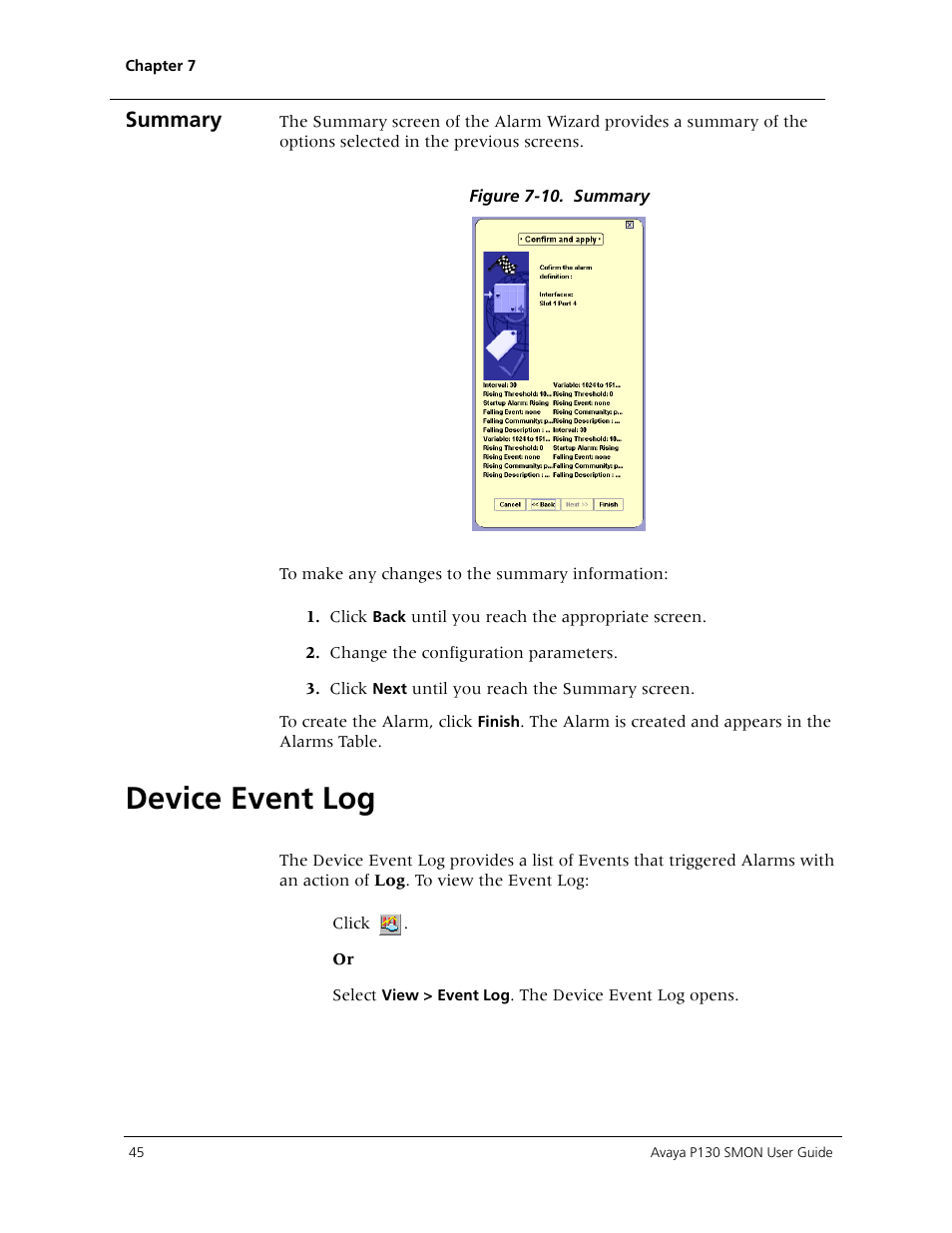 Device event log, Summary | Avaya P130 SMON User Manual | Page 52 / 76