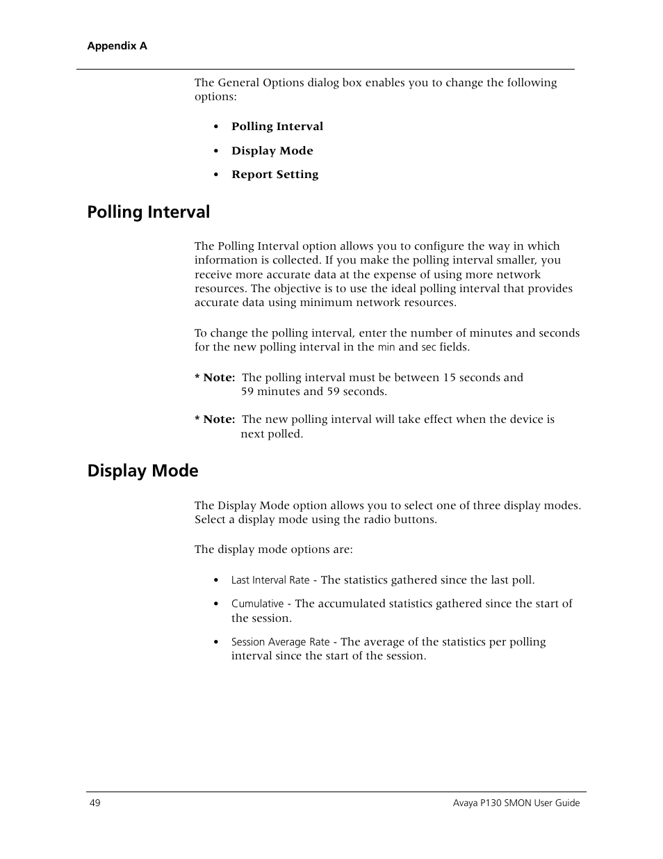 Polling interval, Display mode | Avaya P130 SMON User Manual | Page 56 / 76