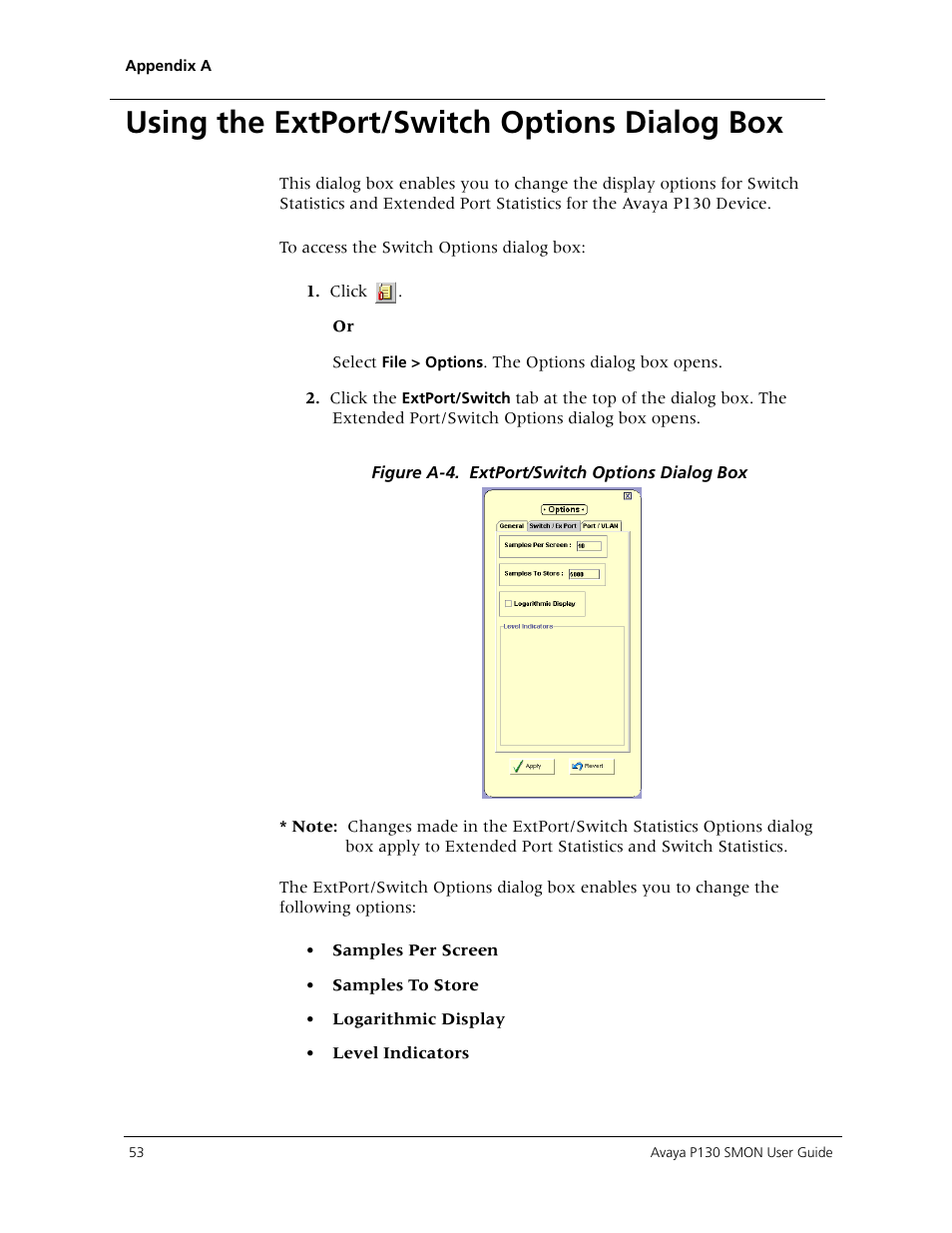 Using the extport/switch options dialog box | Avaya P130 SMON User Manual | Page 60 / 76