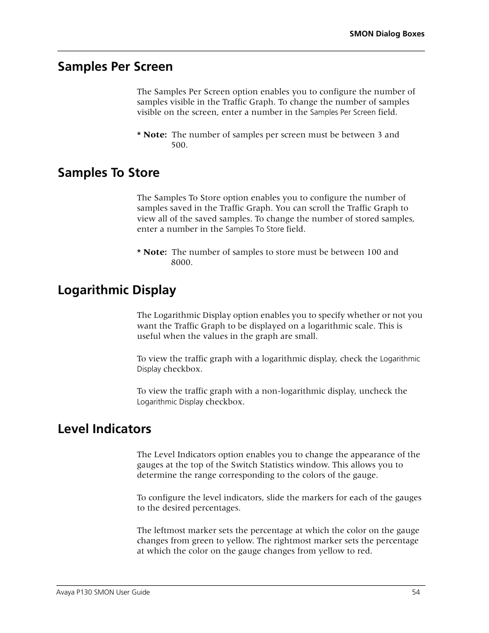 Samples per screen, Samples to store, Logarithmic display | Level indicators, To appendix a, logarithmic display, Better results (refer to appendix a | Avaya P130 SMON User Manual | Page 61 / 76
