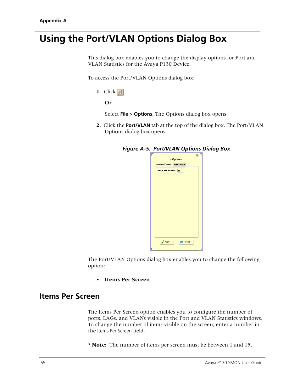 Using the port/vlan options dialog box, Items per screen | Avaya P130 SMON User Manual | Page 62 / 76