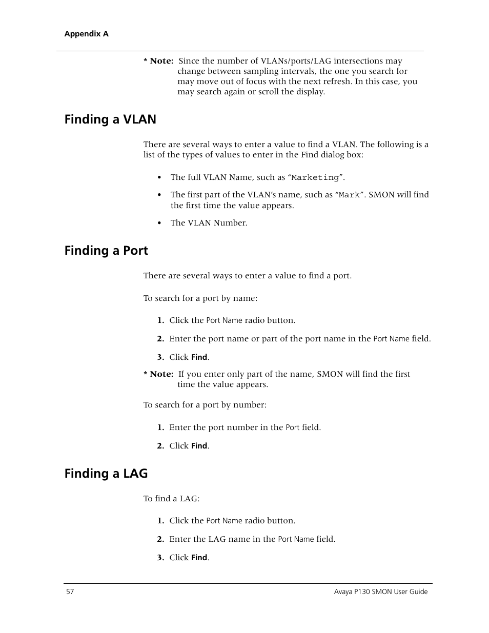 Finding a vlan, Finding a port, Finding a lag | Finding a | Avaya P130 SMON User Manual | Page 64 / 76