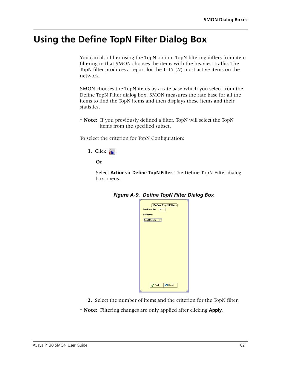 Using the define topn filter dialog box, Appendix a, using the define topn, Filter dialog box | Appendix a, using the define topn filter, Dialog box, Appendix a, using the define, Topn filter dialog box | Avaya P130 SMON User Manual | Page 69 / 76