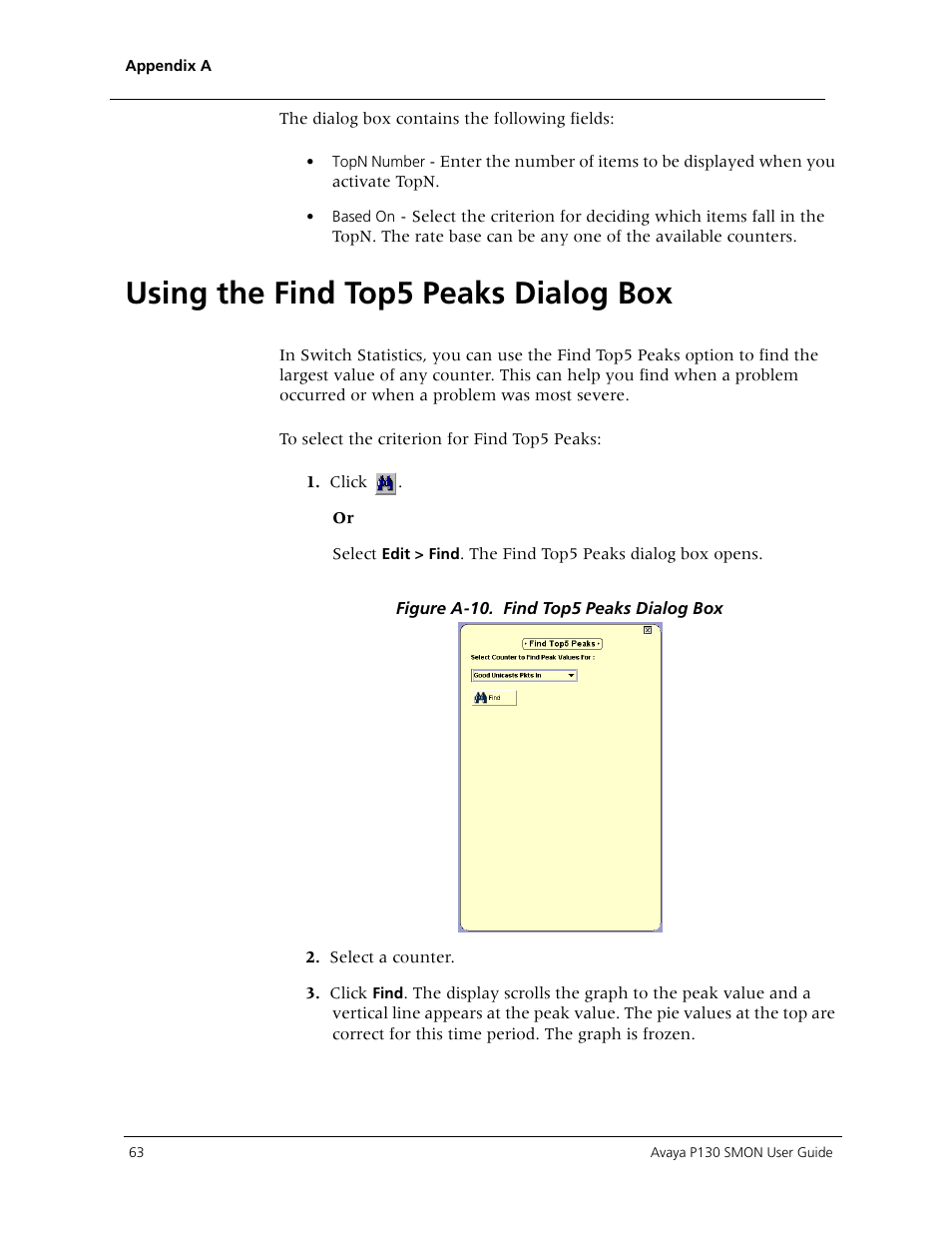 Using the find top5 peaks dialog box, Appendix a | Avaya P130 SMON User Manual | Page 70 / 76