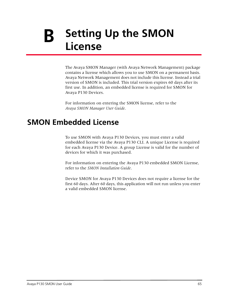 Setting up the smon license, Smon embedded license, Appendix b  setting up the smon license | Avaya P130 SMON User Manual | Page 72 / 76