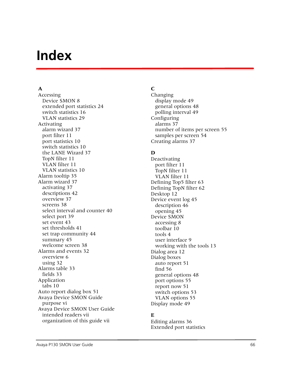 Index | Avaya P130 SMON User Manual | Page 73 / 76