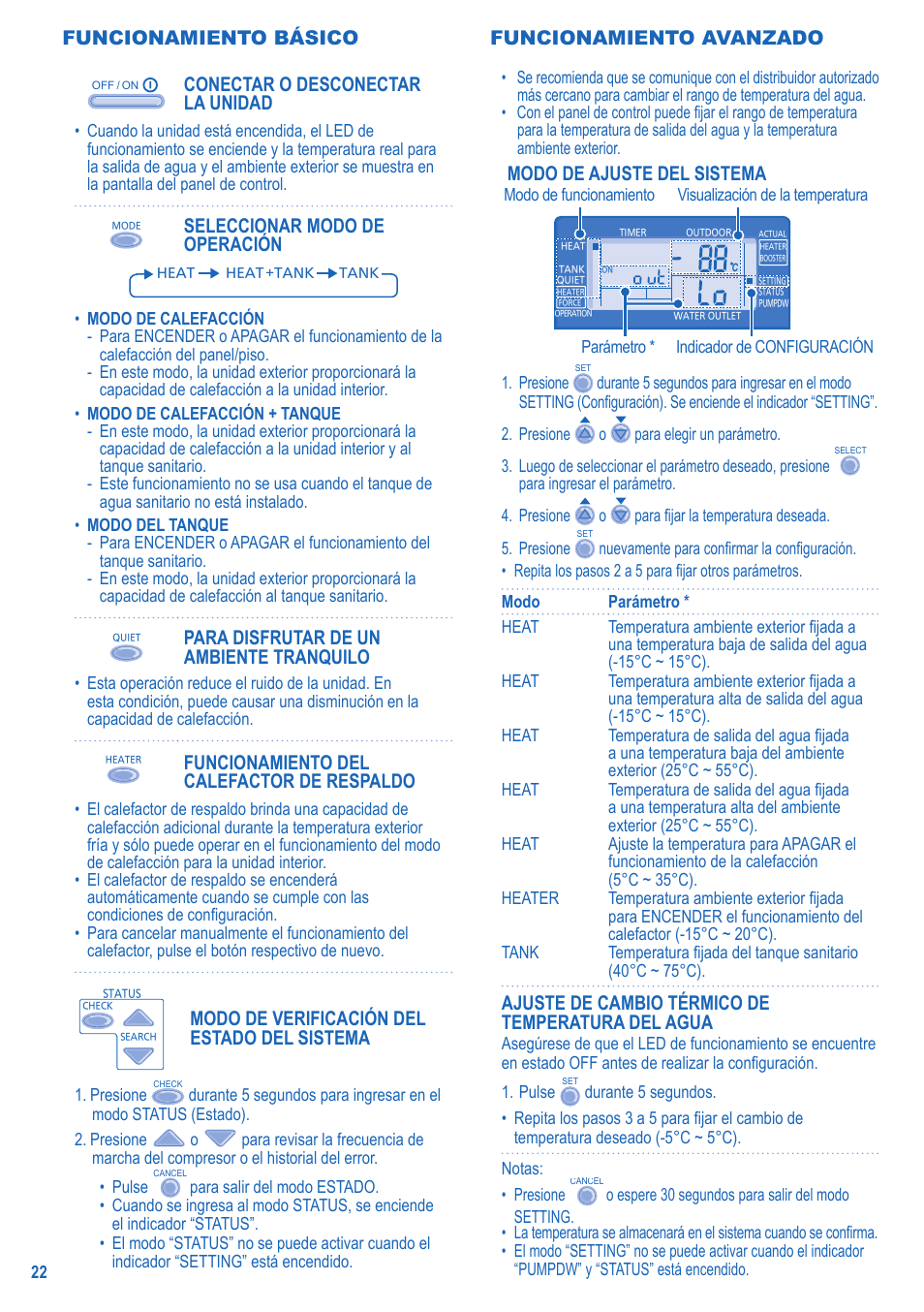 Funcionamiento básico, Conectar o desconectar la unidad, Seleccionar modo de operación | Para disfrutar de un ambiente tranquilo, Funcionamiento del calefactor de respaldo, Modo de verificación del estado del sistema, Modo de ajuste del sistema, Ajuste de cambio térmico de temperatura del agua, Funcionamiento avanzado | Panasonic LIAV12IM User Manual | Page 22 / 36