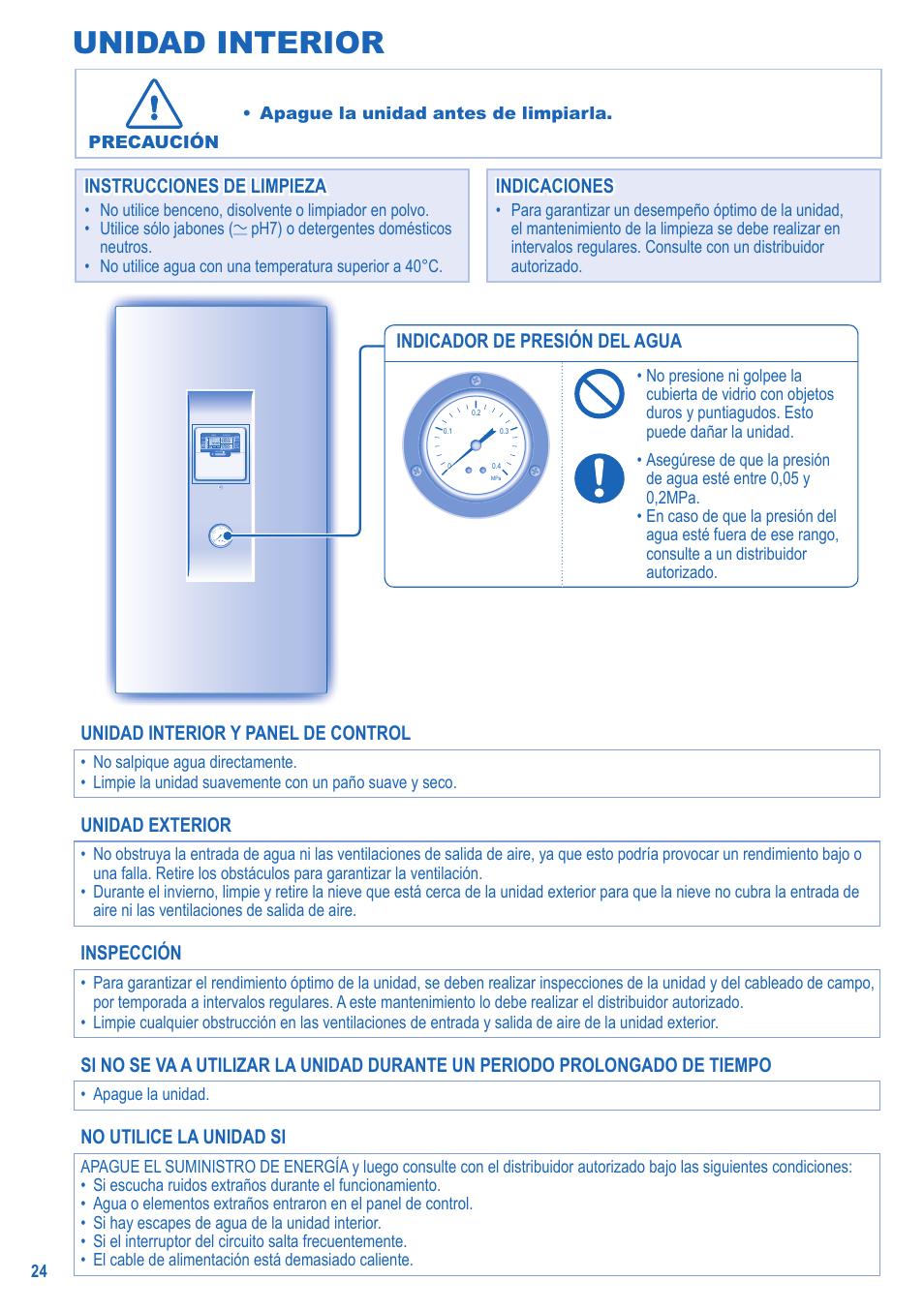 Unidad interior, Indicador de presión del agua, Instrucciones de limpieza | Unidad interior y panel de control, Unidad exterior, Inspección, No utilice la unidad si | Panasonic LIAV12IM User Manual | Page 24 / 36