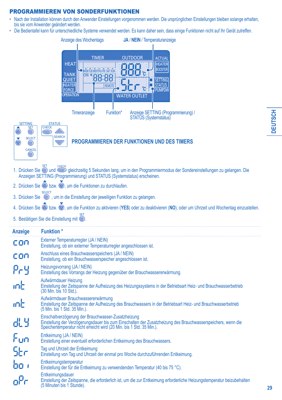 Deutsch, Programmieren von sonderfunktionen, Programmieren der funktionen und des timers | Anzeige funktion | Panasonic LIAV12IM User Manual | Page 29 / 36