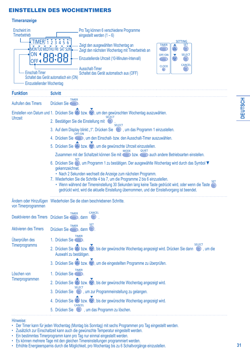 Deutsch, Funktion, Einstellen des wochentimers | Panasonic LIAV12IM User Manual | Page 31 / 36