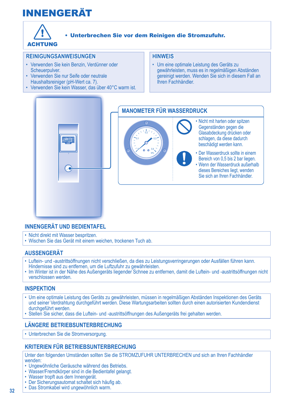 Innengerät, Manometer für wasserdruck, Reinigungsanweisungen | Reinigungsanweisungen hinweis hinweis, Innengerät und bedientafel, Aussengerät, Inspektion, Längere betriebsunterbrechung, Kriterien für betriebsunterbrechung | Panasonic LIAV12IM User Manual | Page 32 / 36