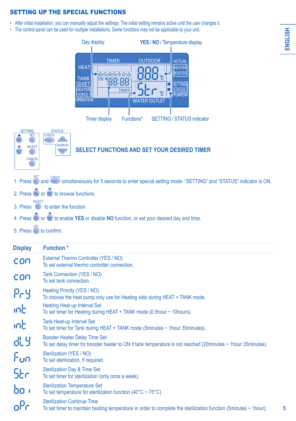 English, Setting up the special functions, Select functions and set your desired timer | Display function | Panasonic LIAV12IM User Manual | Page 5 / 36