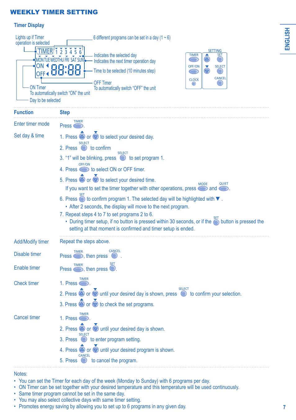 English, Weekly timer setting | Panasonic LIAV12IM User Manual | Page 7 / 36