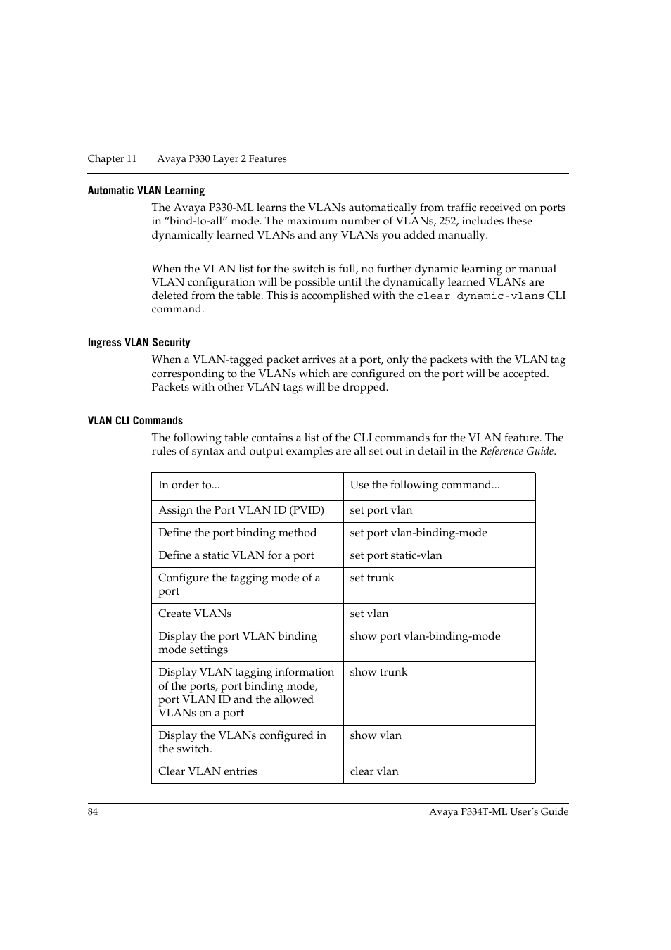 Automatic vlan learning, Ingress vlan security, Vlan cli commands | Avaya P334T-ML User Manual | Page 100 / 176