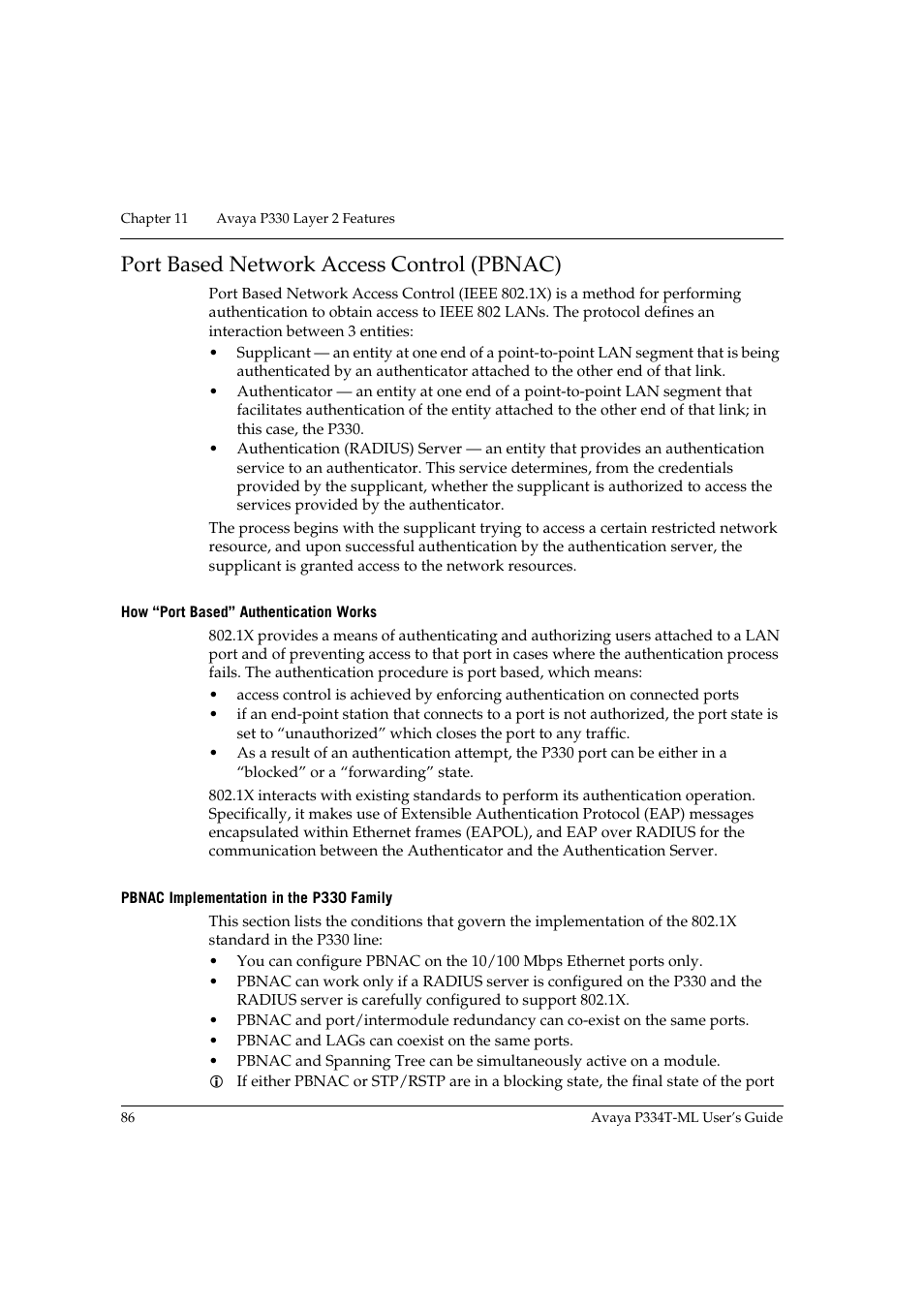Port based network access control (pbnac), How “port based” authentication works, Pbnac implementation in the p330 family | Avaya P334T-ML User Manual | Page 102 / 176