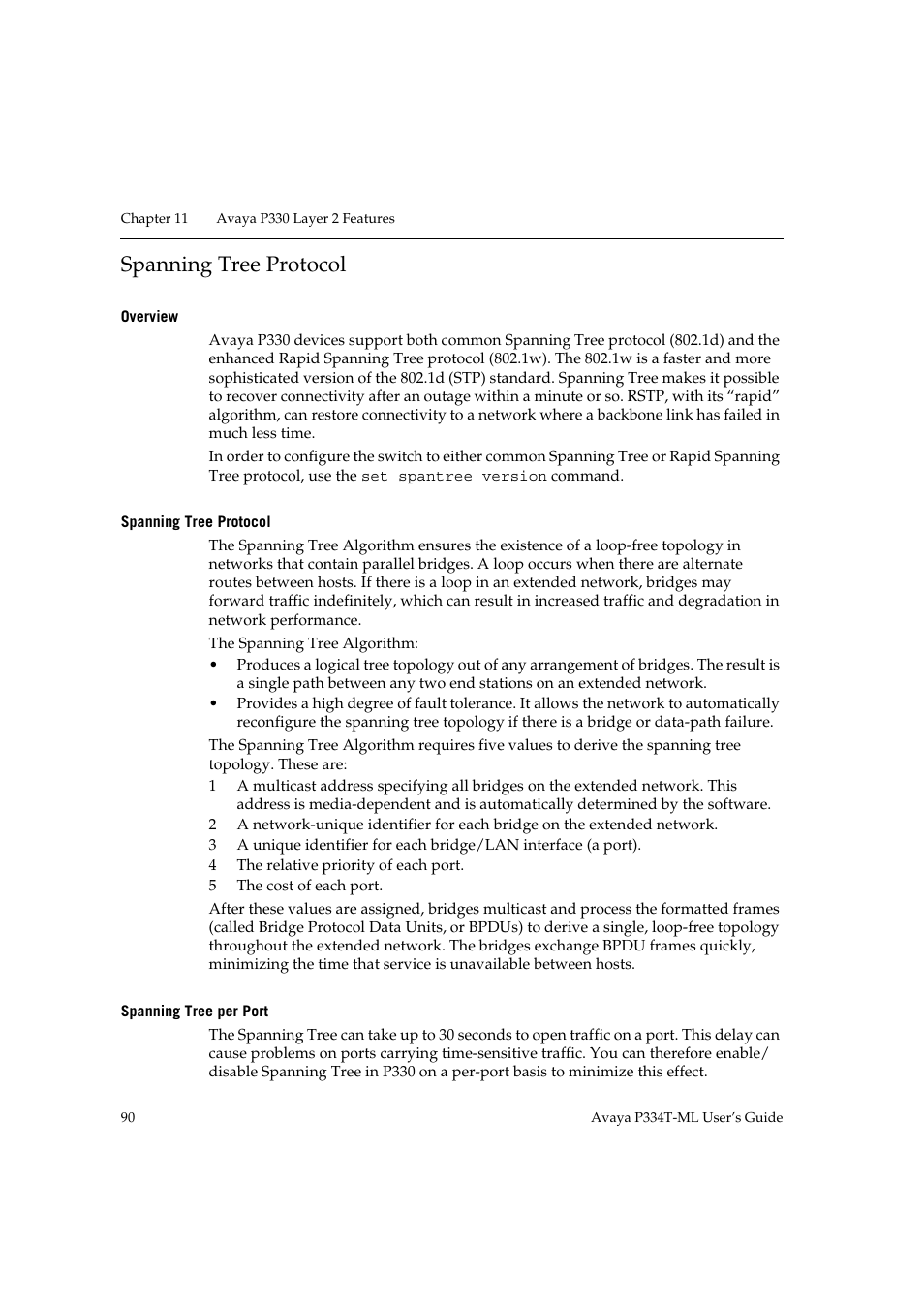 Spanning tree protocol, Overview, Spanning tree per port | Avaya P334T-ML User Manual | Page 106 / 176