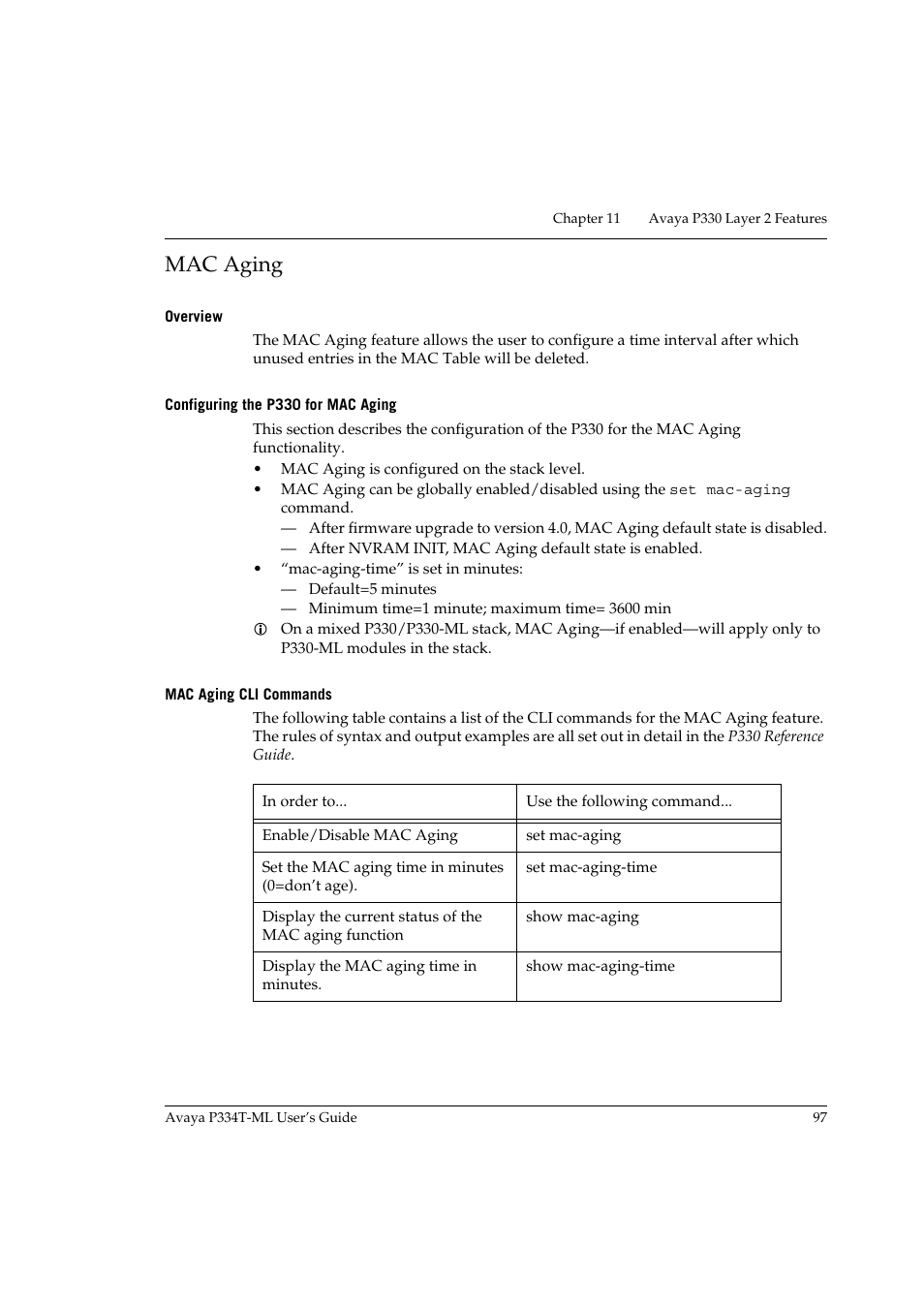 Mac aging, Overview, Configuring the p330 for mac aging | Mac aging cli commands, Overview configuring the p330 for mac aging | Avaya P334T-ML User Manual | Page 113 / 176