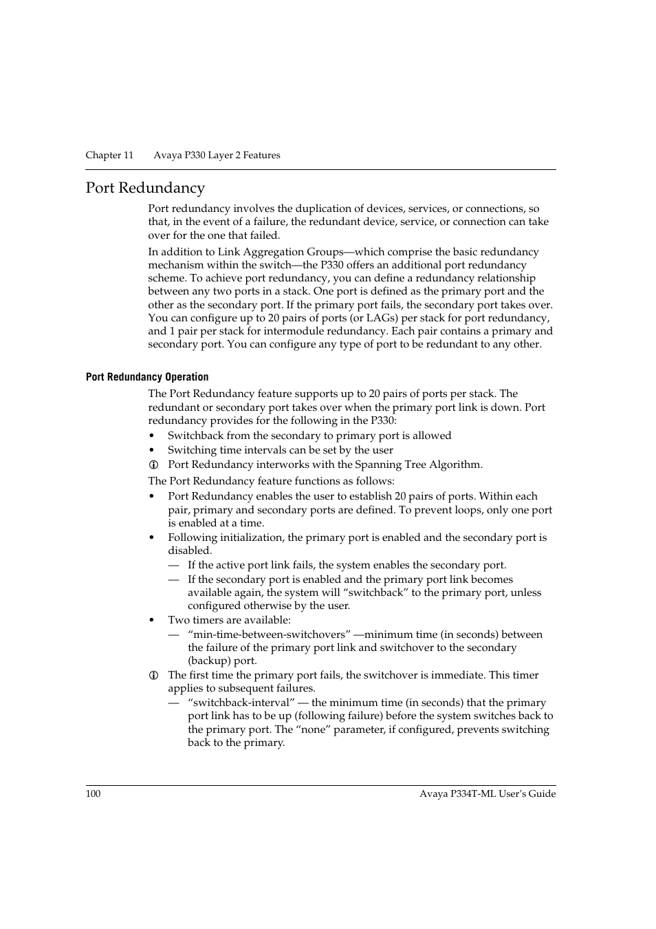 Port redundancy, Port redundancy operation | Avaya P334T-ML User Manual | Page 116 / 176