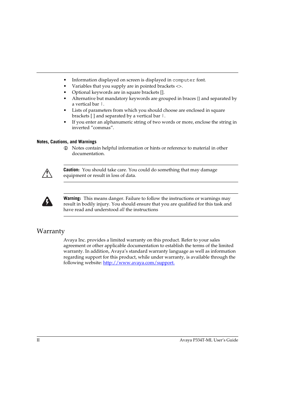 Notes, cautions, and warnings, Warranty | Avaya P334T-ML User Manual | Page 12 / 176