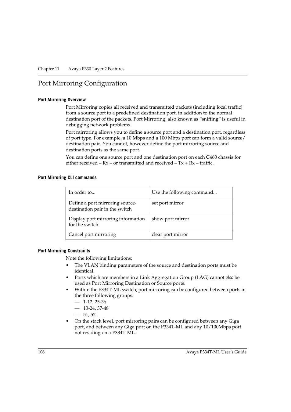 Port mirroring configuration, Port mirroring overview, Port mirroring cli commands | Port mirroring constraints | Avaya P334T-ML User Manual | Page 124 / 176