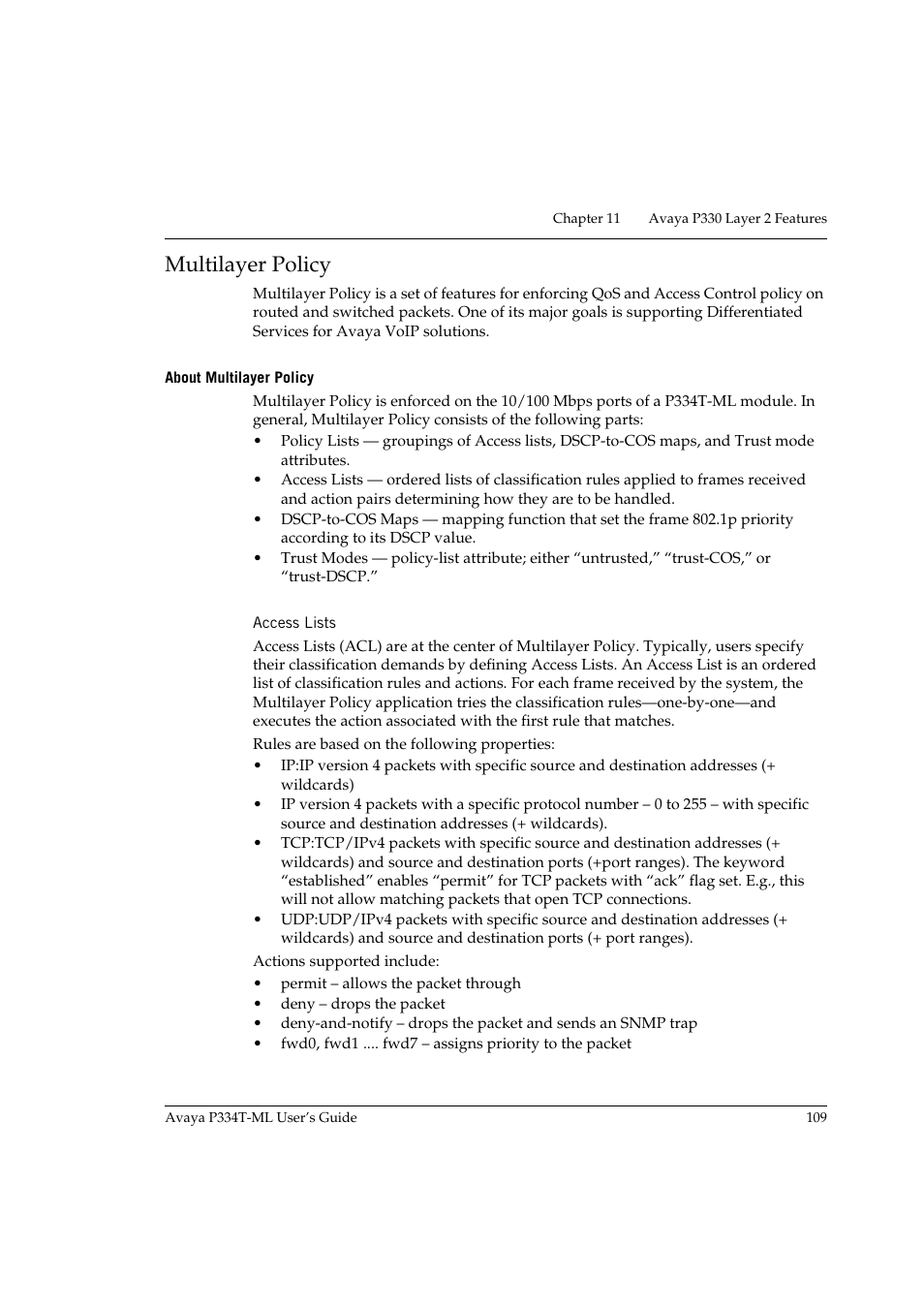 Multilayer policy, About multilayer policy, Access lists | Avaya P334T-ML User Manual | Page 125 / 176