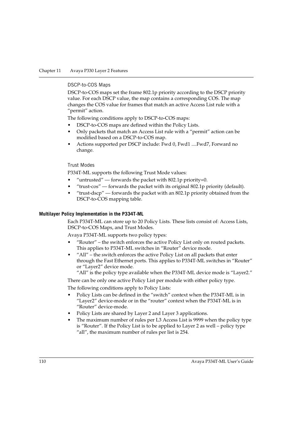 Dscp-to-cos maps, Trust modes, Multilayer policy implementation in the p334t-ml | Dscp-to-cos maps trust modes | Avaya P334T-ML User Manual | Page 126 / 176