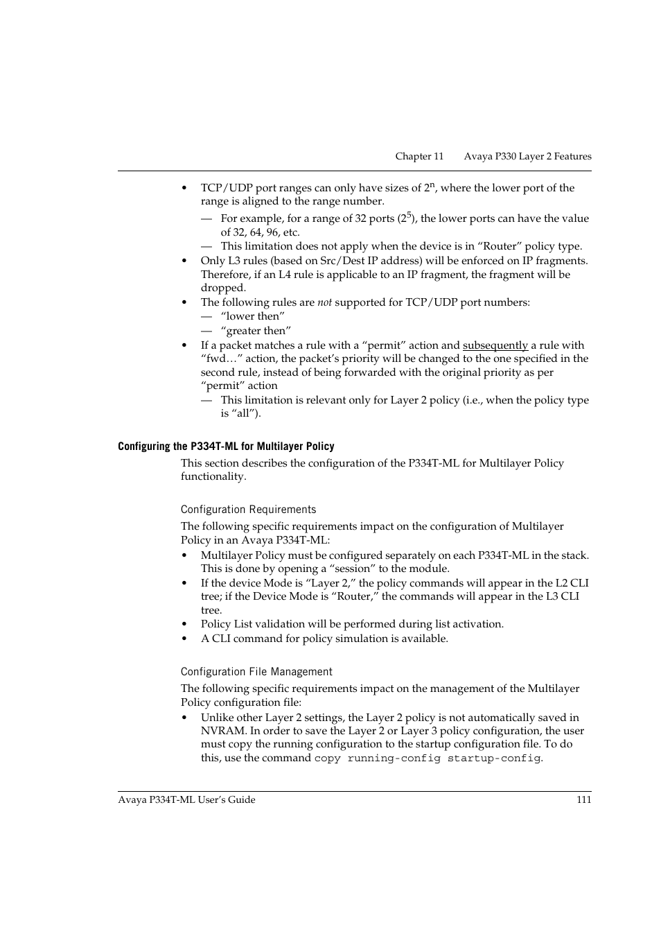 Configuring the p334t-ml for multilayer policy, Configuration requirements, Configuration file management | Avaya P334T-ML User Manual | Page 127 / 176