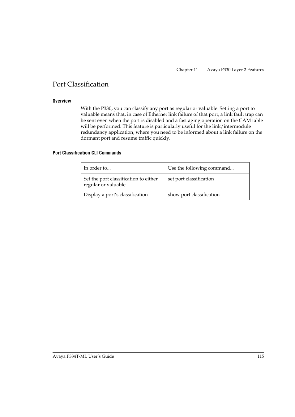 Port classification, Overview, Port classification cli commands | Overview port classification cli commands | Avaya P334T-ML User Manual | Page 131 / 176
