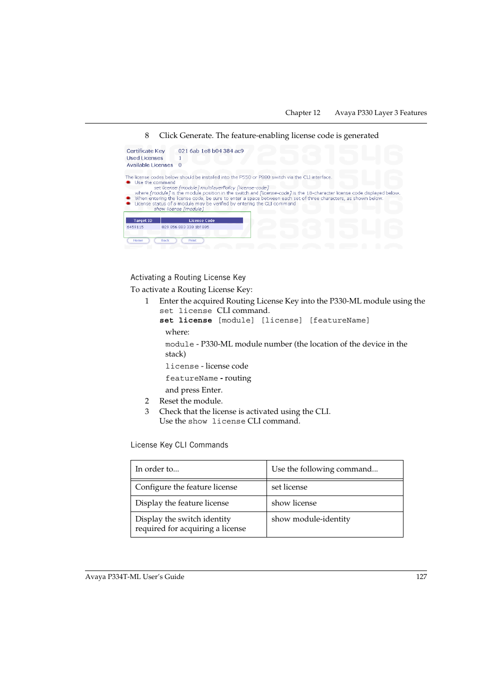 Activating a routing license key, License key cli commands | Avaya P334T-ML User Manual | Page 143 / 176