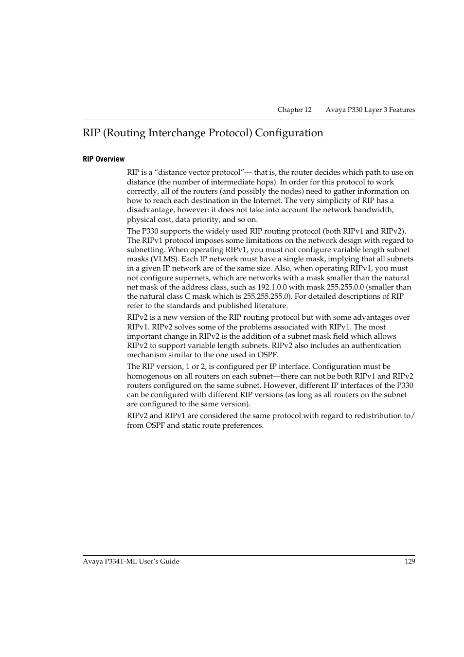 Rip (routing interchange protocol) configuration, Rip overview | Avaya P334T-ML User Manual | Page 145 / 176