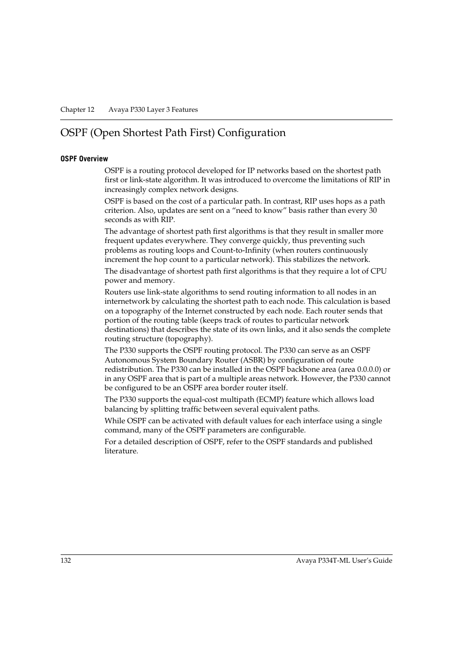 Ospf (open shortest path first) configuration, Ospf overview | Avaya P334T-ML User Manual | Page 148 / 176