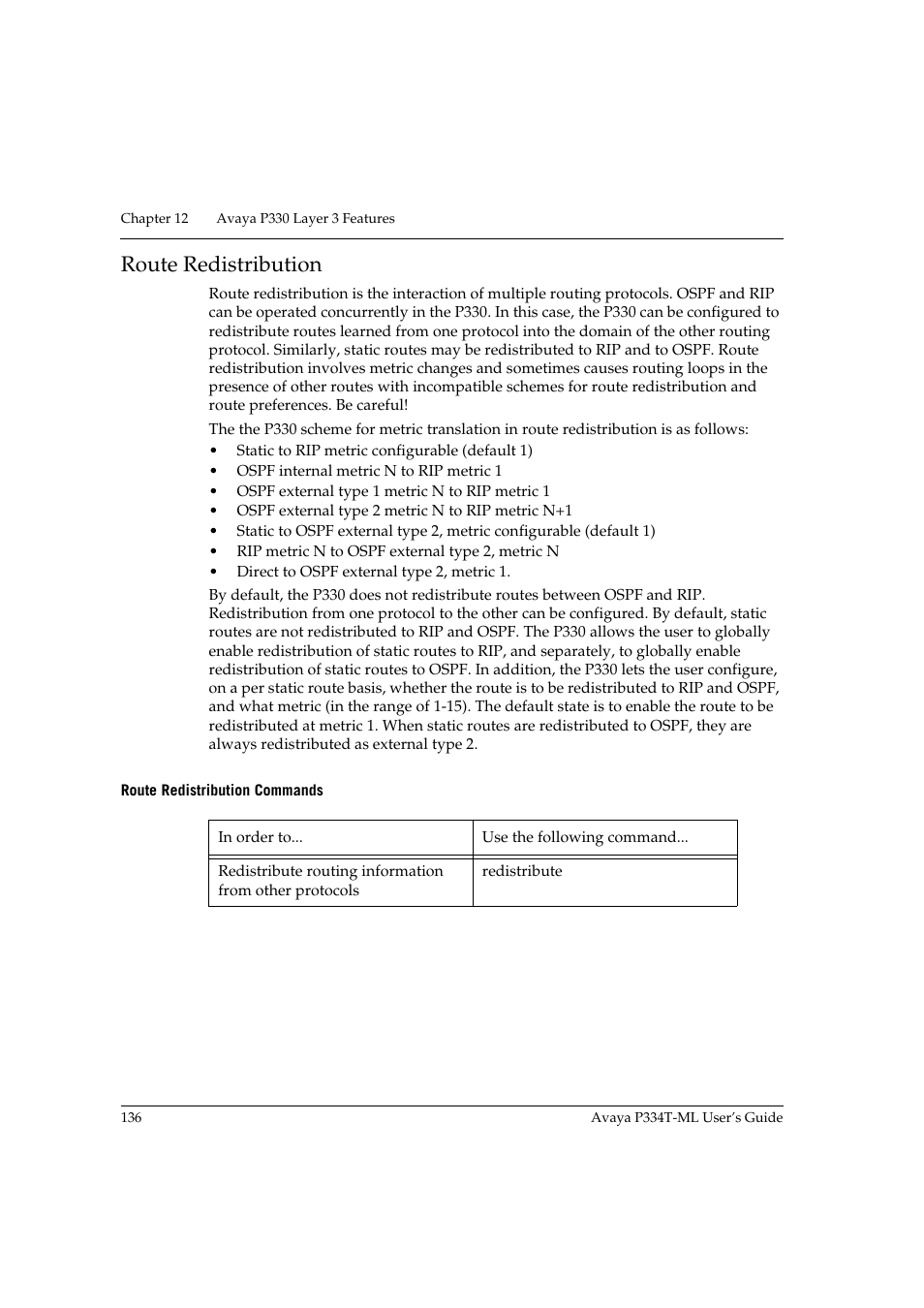 Route redistribution, Route redistribution commands | Avaya P334T-ML User Manual | Page 152 / 176