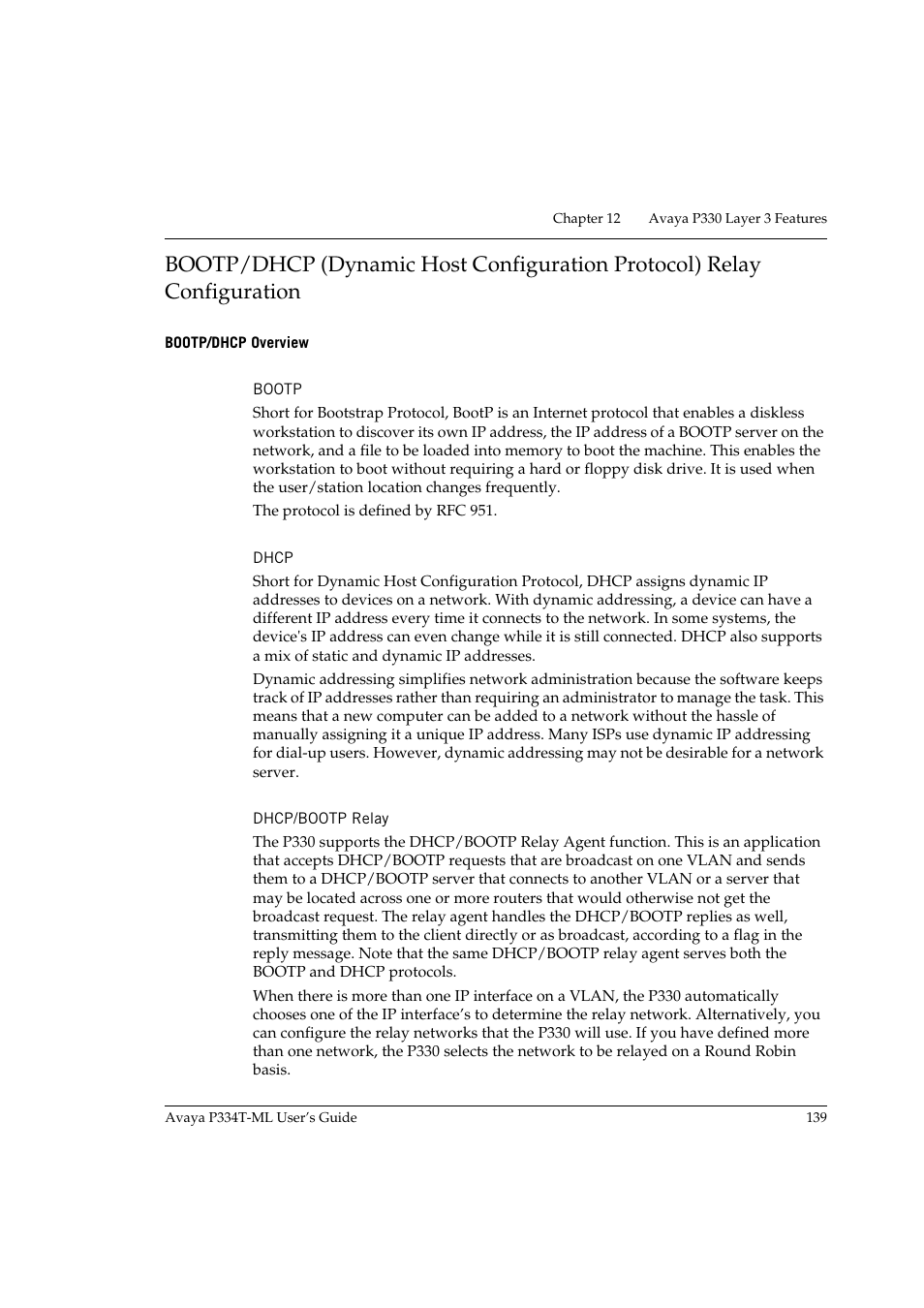 Bootp/dhcp overview, Bootp, Dhcp | Dhcp/bootp relay, Bootp dhcp dhcp/bootp relay | Avaya P334T-ML User Manual | Page 155 / 176