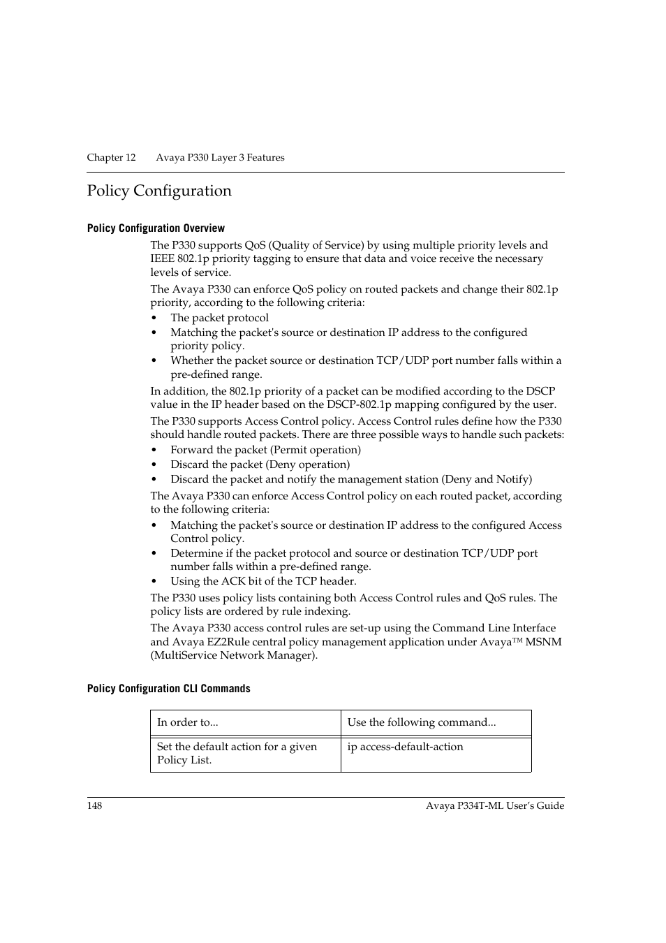 Policy configuration, Policy configuration overview, Policy configuration cli commands | Avaya P334T-ML User Manual | Page 164 / 176