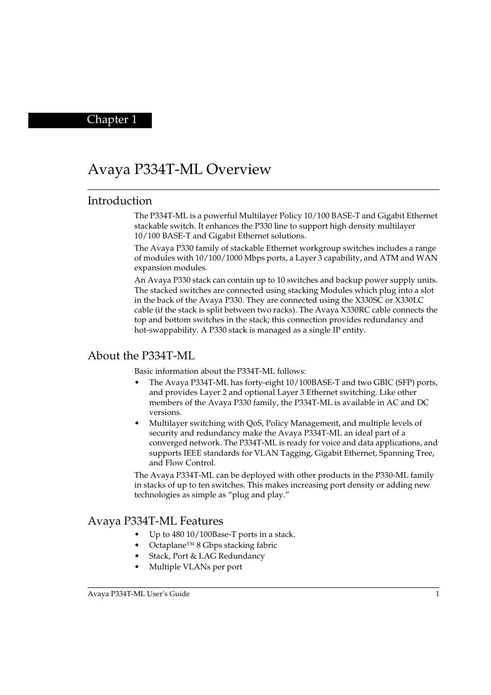 Avaya p334t-ml overview, Introduction, About the p334t-ml | Avaya p334t-ml features, Chapter 1 | Avaya P334T-ML User Manual | Page 17 / 176