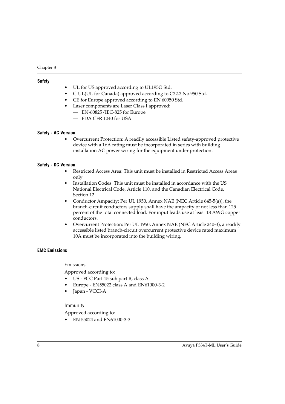 Safety, Safety - ac version, Safety - dc version | Emc emissions, Emissions, Immunity, Emissions immunity | Avaya P334T-ML User Manual | Page 24 / 176