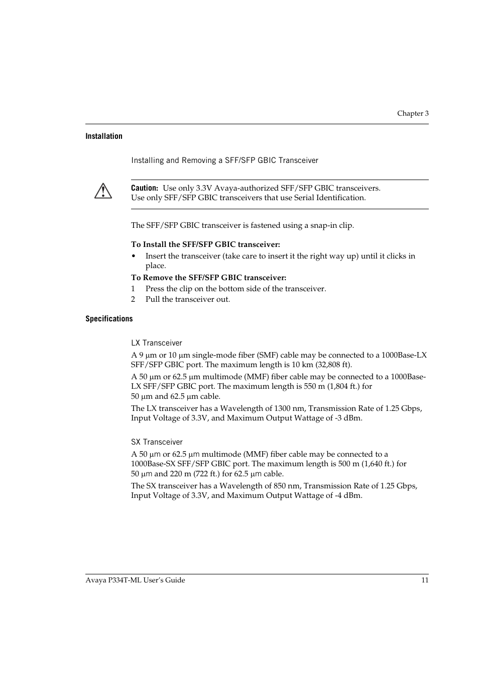 Installation, Installing and removing a sff/sfp gbic transceiver, Specifications | Lx transceiver, Sx transceiver, Lx transceiver sx transceiver | Avaya P334T-ML User Manual | Page 27 / 176