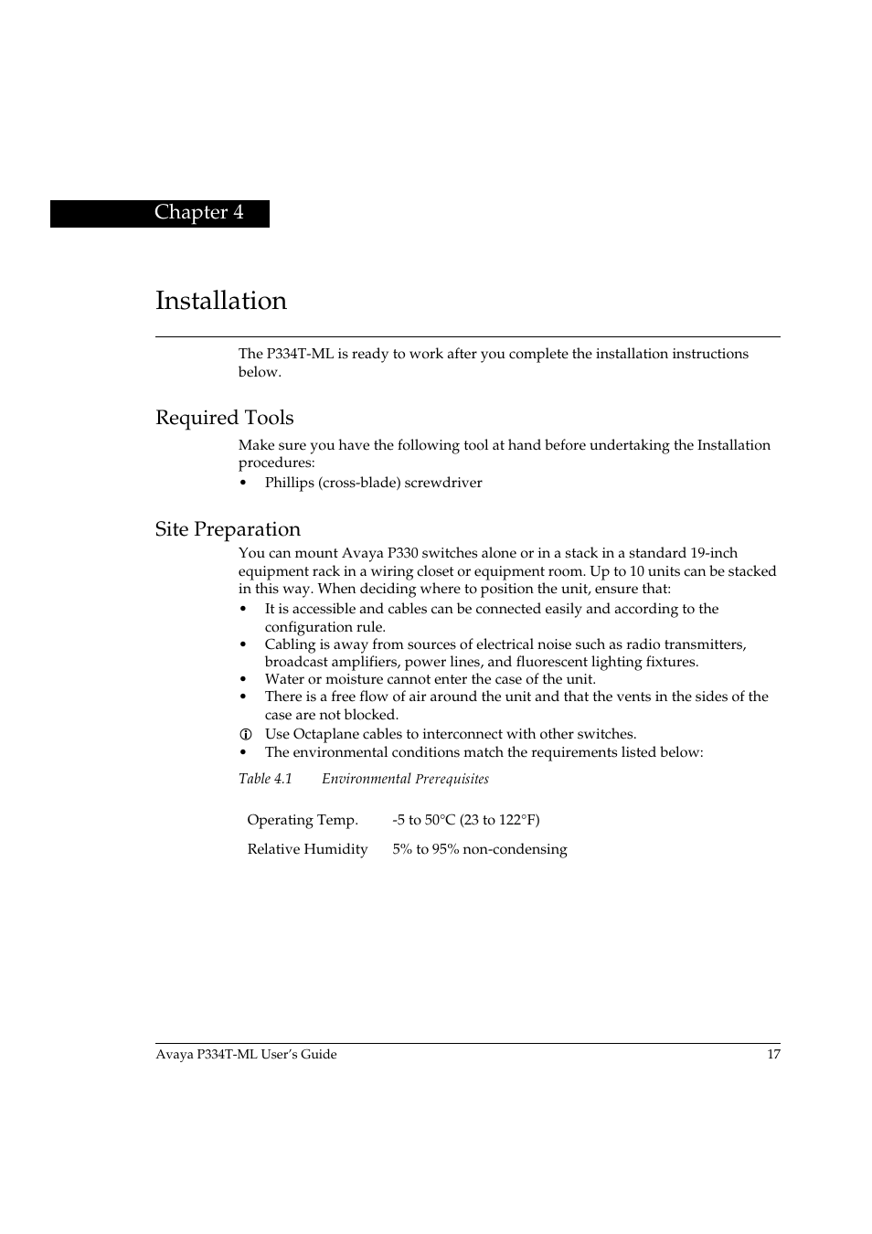 Installation, Required tools, Site preparation | Required tools site preparation, Chapter 4 | Avaya P334T-ML User Manual | Page 33 / 176