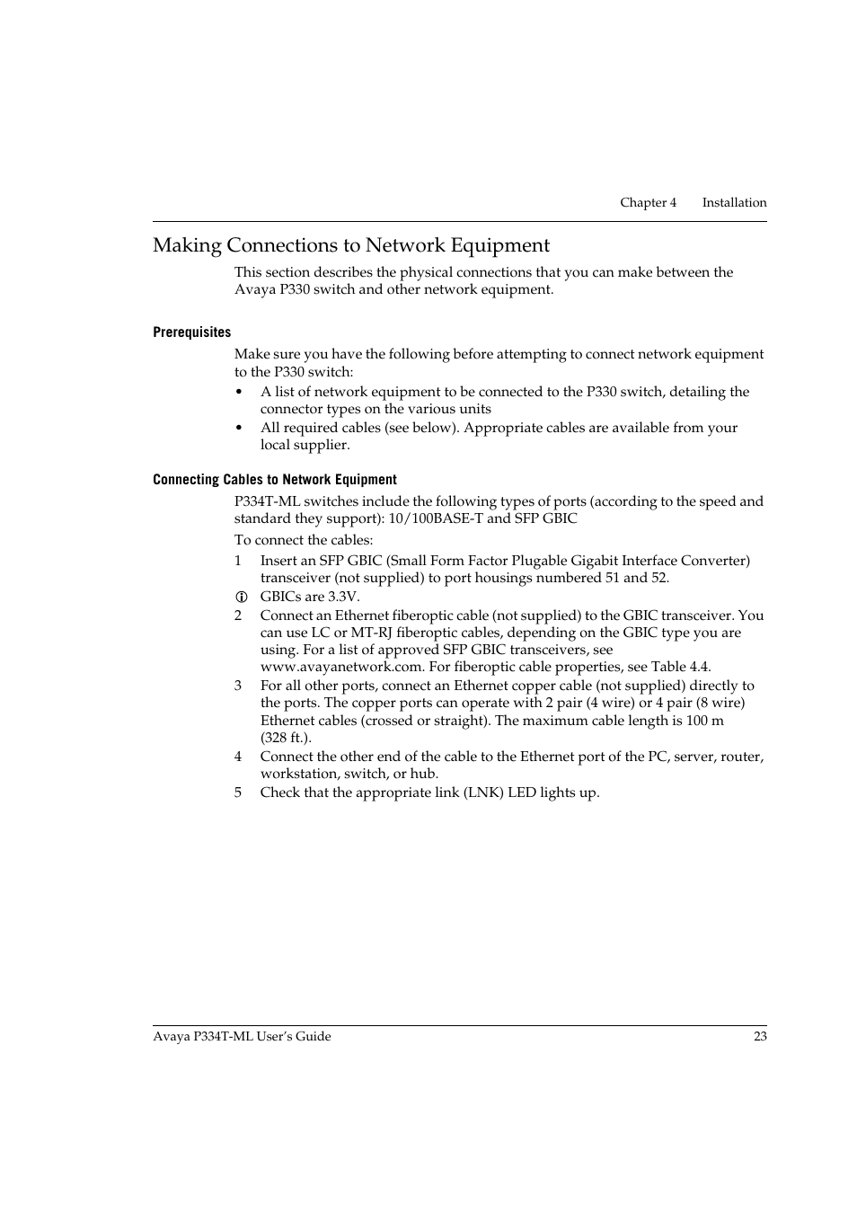 Making connections to network equipment, Prerequisites, Connecting cables to network equipment | Avaya P334T-ML User Manual | Page 39 / 176