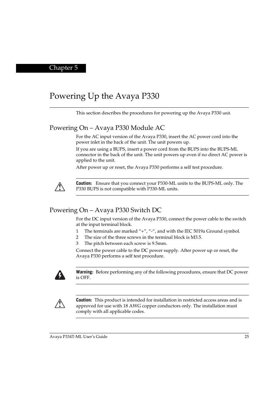 Powering up the avaya p330, Powering on - avaya p330 module ac, Powering on - avaya p330 switch dc | Chapter 5, Powering on – avaya p330 module ac, Powering on – avaya p330 switch dc | Avaya P334T-ML User Manual | Page 41 / 176