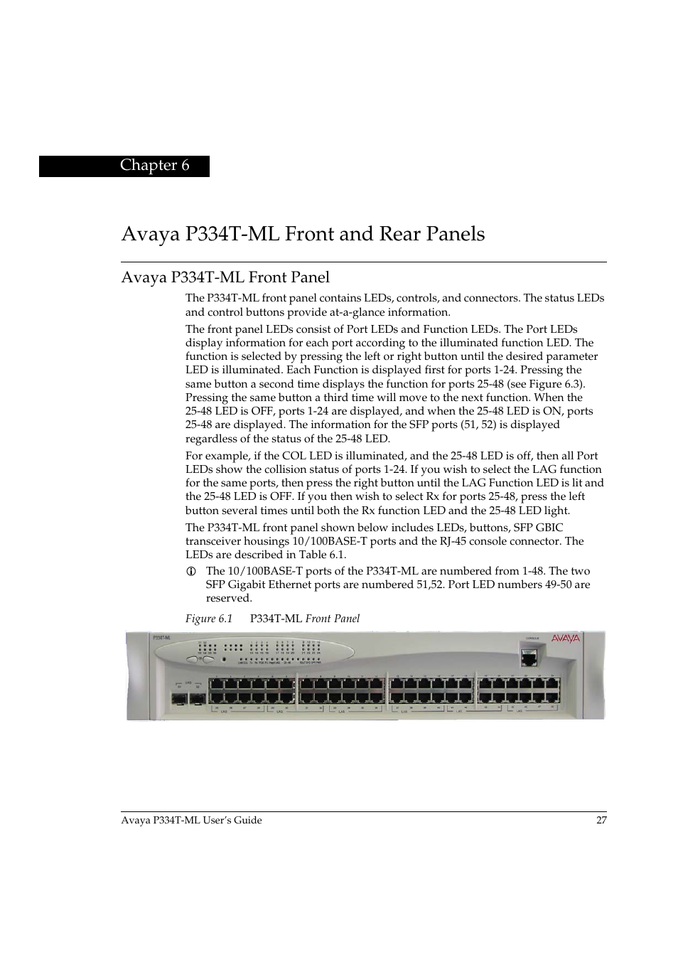 Avaya p334t-ml front and rear panels, Avaya p334t-ml front panel, Chapter 6 | Avaya P334T-ML User Manual | Page 43 / 176